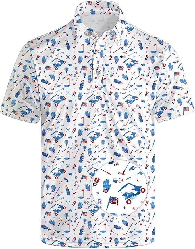 HUURAY Funny Golf Polos for Men Funny Print Short Sleeve Shirts Quick Dry Polo Shirts Hawaiian Shirt Performance Golf Outfits