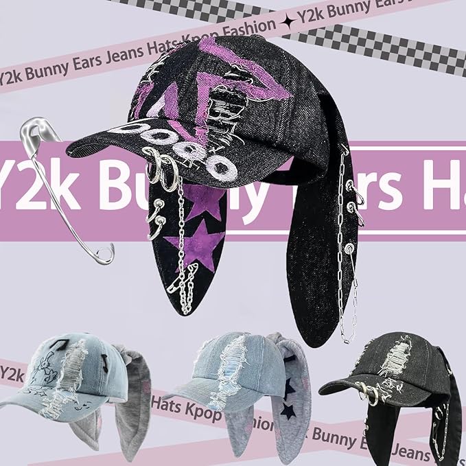 Y2k Hat Punk Hats Denim Bunny Hat Chains Distressed Baseball Cap Kpop Outfits Y2k Grunge Hats for Women