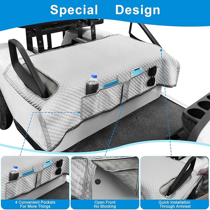 Golf Cart Seat Blanket for EZGO, Club Car, Enhanced Quality Material, 50.2''x 29.7'', Easy to Install and Clean, 4 Convenient Pockets, Gray Golf Cart Seat Covers, Double Non-Slip