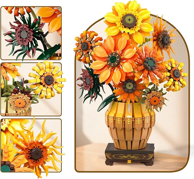 Sunflower Building Set with Lights Vase Base, Flowers Botanical Collection - Image 3