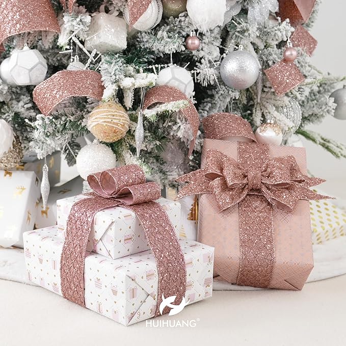 HUIHUANG Rose Gold Christmas Ribbon 4 inch Rose Gold Glitter Wired Ribbon - Image 7