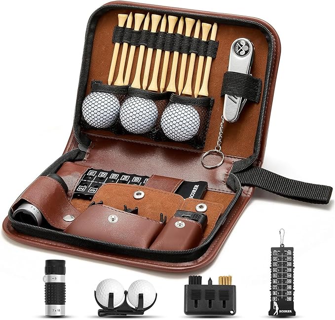Golf Accessories for Men Women Golf Gifts Kit with Leather Case, 3 Golf Balls, Golf Tees, Rangefinder, Brush, Multifunctional Divot Knife, Scorer, Ball Clamp for Golfer
