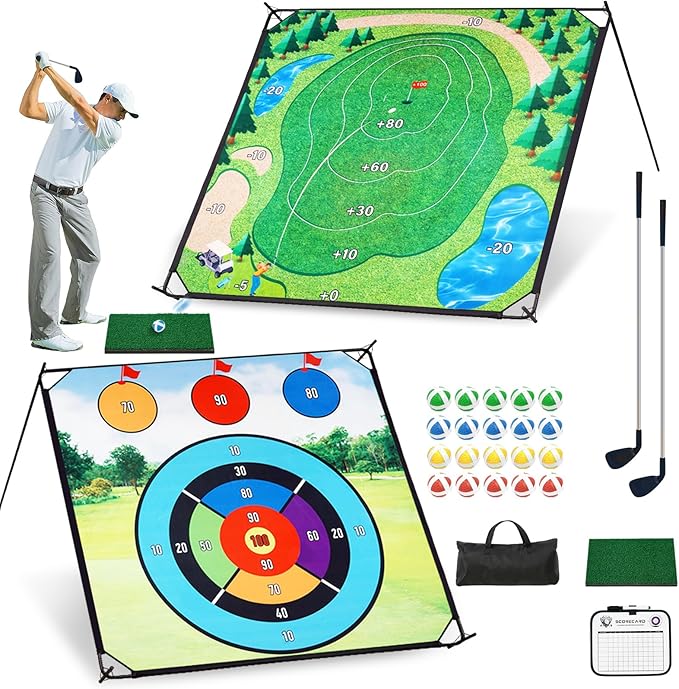 Golf Chipping Game Set, Large Double-Sided Golf Practice Mat, Portable Sticky Golf Game with 2 Clubs, 20 Sticky Balls for Indoor&Outdoor Yard, Family Fun (6FTx6FT