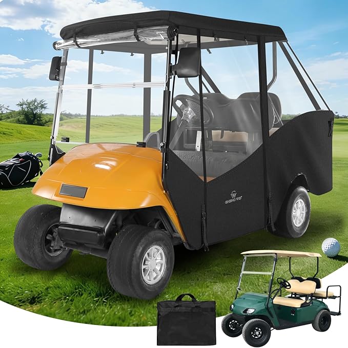 Golf Cart Enclosure 4 Passenger, Ezgo Golf Cart Cover for TXT Short Roof 2+2 Seater,Waterproof 600D Oxford Rain Cover Driving Enclosure,Roll Up 4-Sided Clear Windows&Door