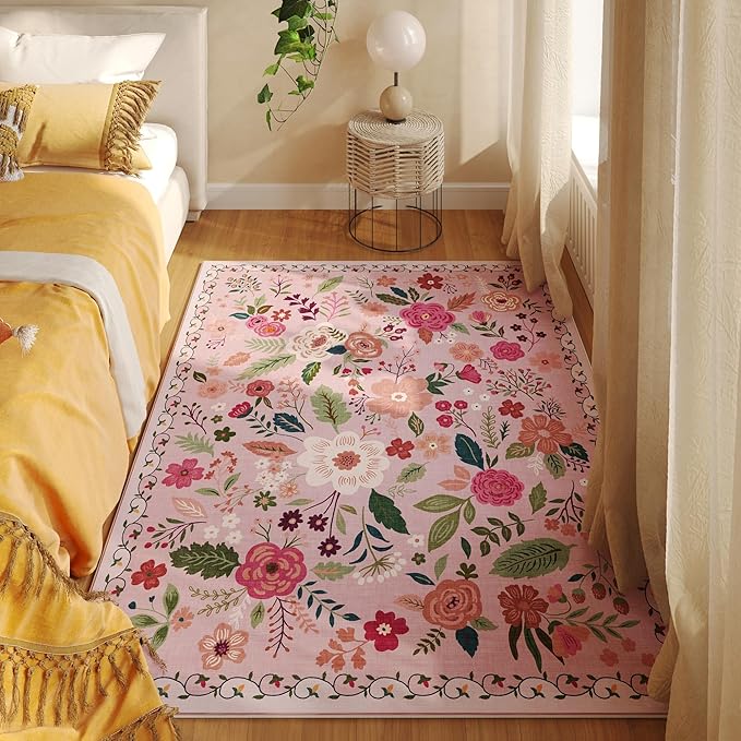 Rugcomf Bedroom Rug 3x5 Rug Washable Area Rug Non Slip Low Pile Boho Floral by Rugcomf