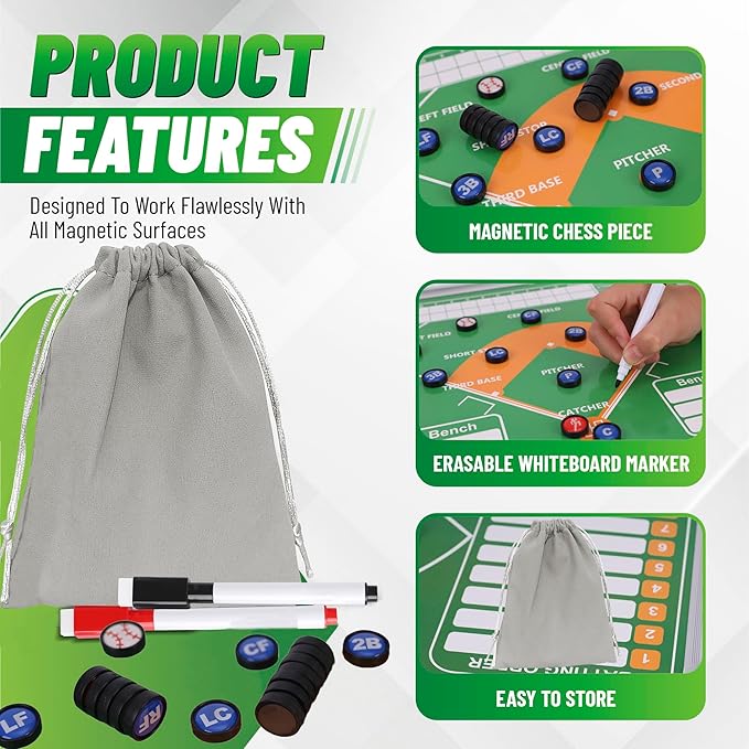 ZPU 23 Picese Baseball Magnets Set with 2 Dry Erase Black Marker Pens, 2 Red Marker Pens, 1 Storage Bag, Tactics Strategy Board Coaches Clipboard Accessories (Board NOT Included)