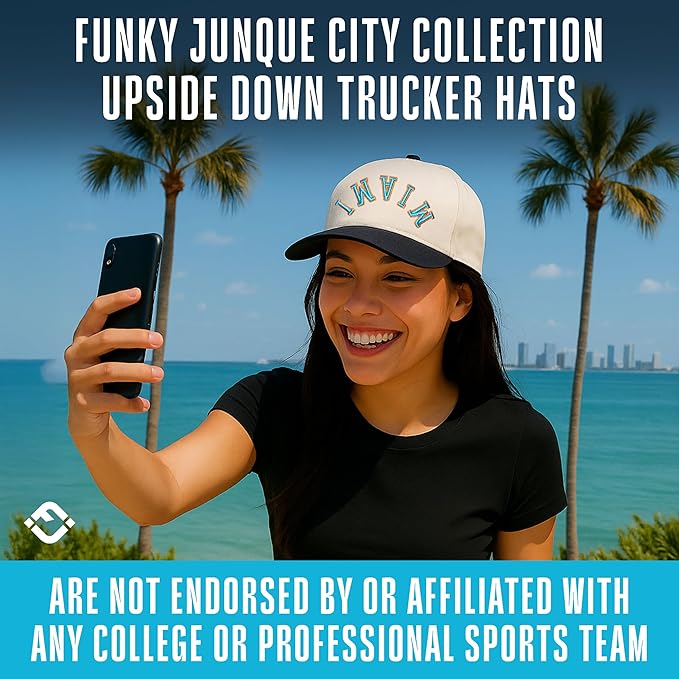 Funky Junque Upside Down City Trucker Hat for Men and Women – Unisex 3D Embroidered Gameday Baseball Cap, Retro Snapback Hats