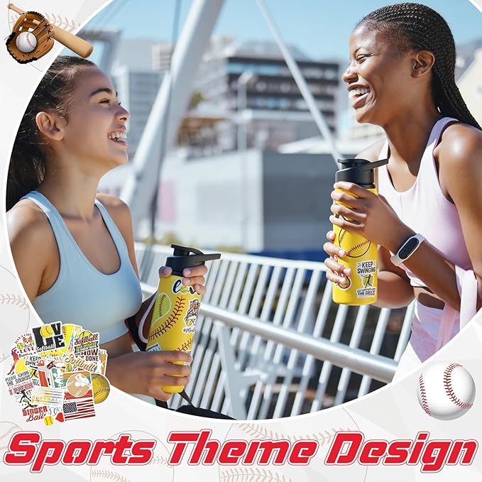 Ceenna 2 Pcs 24 oz Softball Water Bottle with 50 Stickers, Stainless Steel Insulated Travel Tumbler Softball Gifts for Team Sports Fans, Travel Gym Hiking Cycling Camping Bike Cages