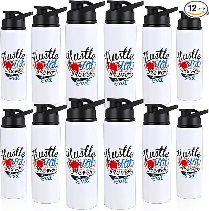 Hushee 12 Pcs 25 oz Baseball Water Bottles Bulk Aluminum Sport Bottles with Leakproof Lid Baseball Gift for Team Men Players Fan Coach(Hustle Hit)
