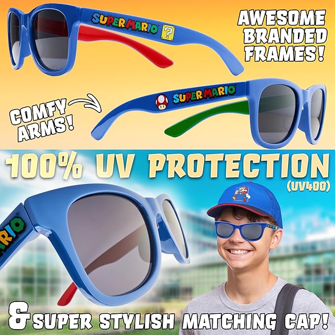 Get Trend Pokemon | Minecraft | Fortnite | Super Mario Kids Baseball Cap, Sunglasses Set UV Protection, Gamer Gifts for Boys