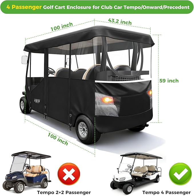 10L0L 2/4/8 Passenger Golf Cart Enclosure for Club Car Precedent/Tempo/Onward, 600D Waterproof Golf Cart Rain Cover, Driving Enclosure with 4-Sided Clear Windows Roll-up Door Black -Roof 58"-141"