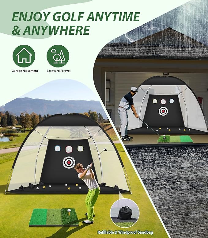 Golf Net, 10x7ft Golf Hitting Aid with Mat, Designed for Outdoor & Indoor Use, Practice Nets for Backyard Driving Real Balls, Ideal Gifts for Men Dad Husband & Golfers