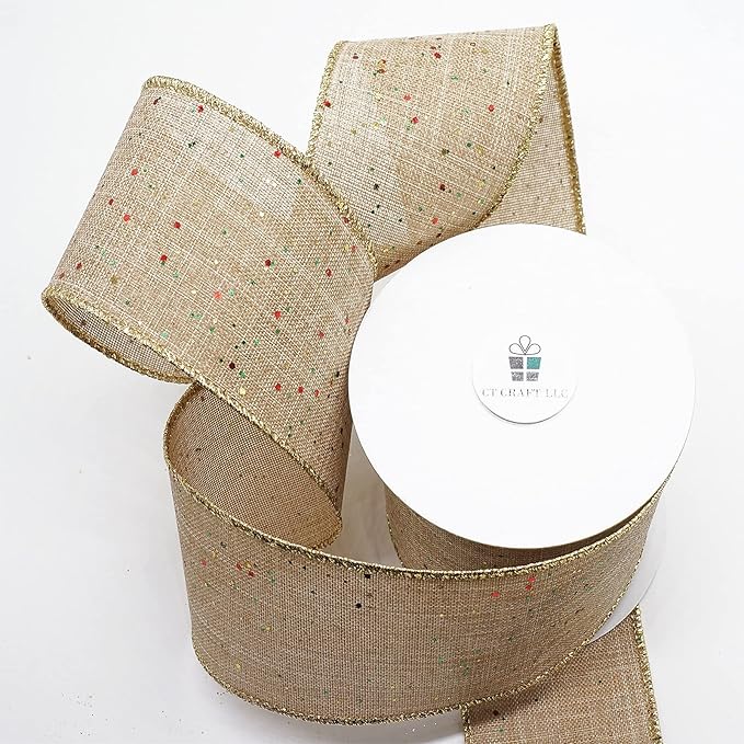 CT CRAFT LLC Tan Burlap Fabric Confetti Glitter Wired Ribbon 2.5" x 10 Yards - Image 3