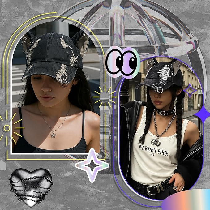 Shyyween Y2K Grunge Hat with Ears Bunny Ear Hat Cat Distressed Denim Baseball Cap Iron Ring Punk Outfit for Women Accessories