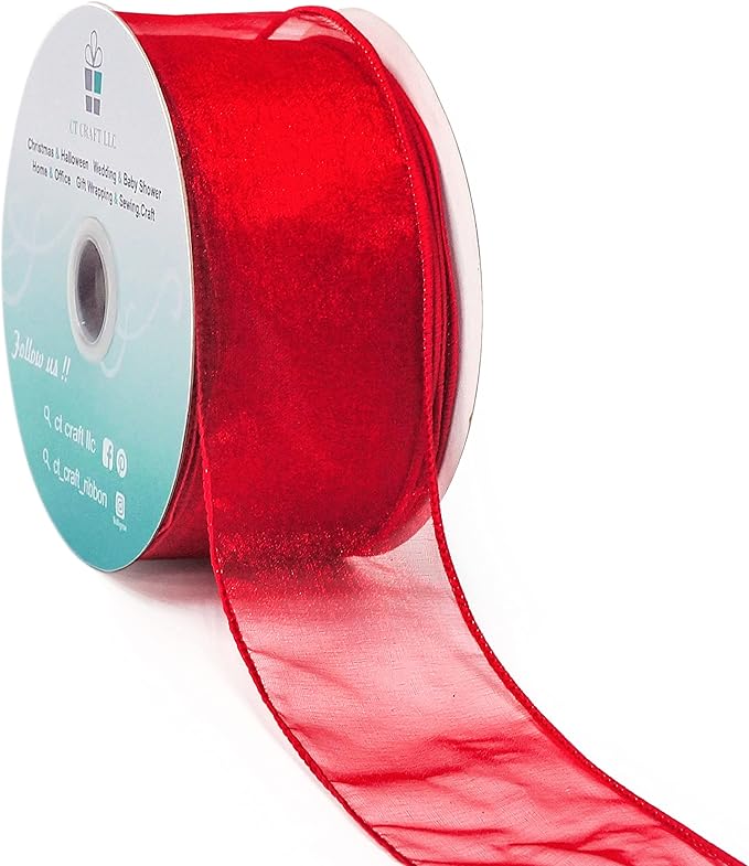 CT CRAFT LLC Sheer Organza Wired Ribbon 2.5" x 50Yards Red by CTCRAFTLLC