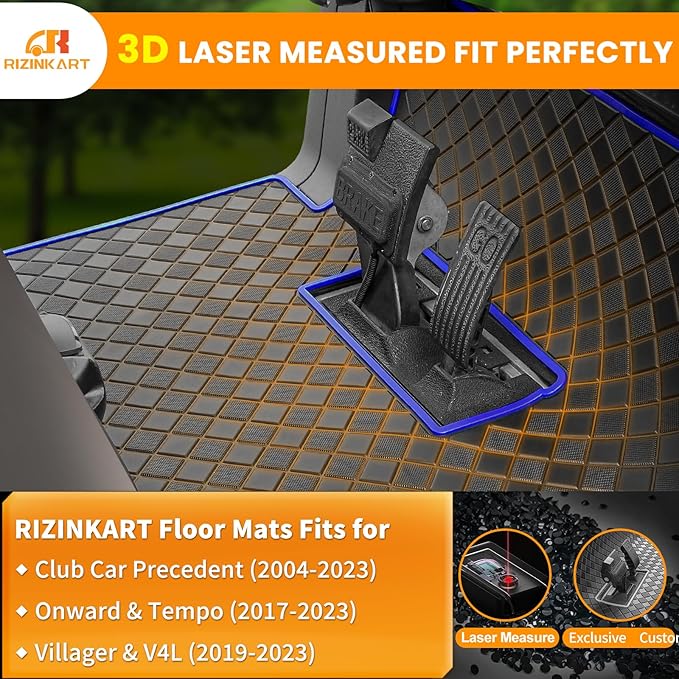 8mm Heavy Duty Rubber Golf Cart Floor Mat,Upgraded Full Coverage Liner Mat for Club Car Precedent 2004-2025,Onward&Tempo 2017-2025,Villager & V4L 2019-2025,Non-Slip Textured,Blue Trim
