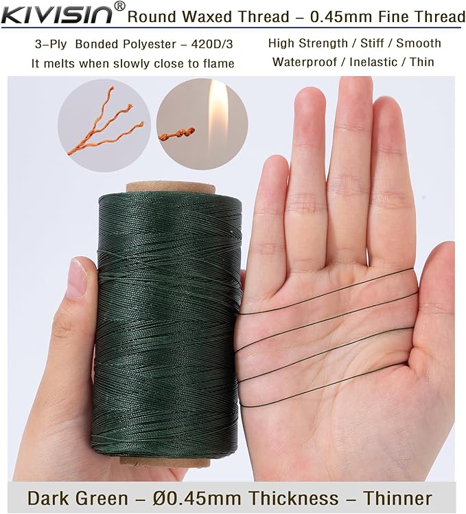 Thin Round Waxed Thread 0.45mm, 600 Yards, Dark Green, Light Duty Polyester Wax - Image 3