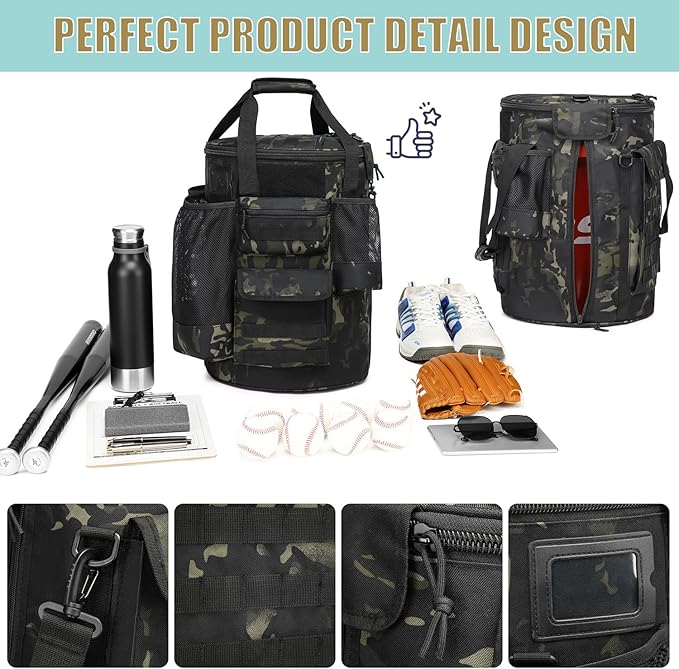 Baseball Bucket Bag Baseball Coaching Accessories Organizer Tactical Style Softball Bucket Bag with Anti-Slip Bottom, Multiple Pockets for Bat, Gloves, Scoreboards