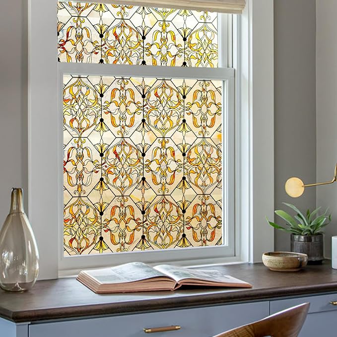 3D Stained Glass Window Privacy Film, Heat Control UV Blocking Static Cling by OHTMERU