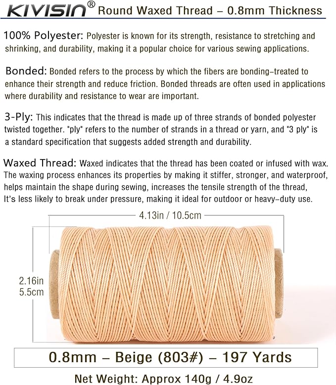 Bonded 0.8mm Round Waxed Polyester Cord, 3-ply Wax Coated Thread, 197 Yards - Image 2