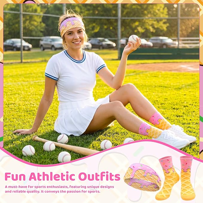 Ice Cream Baseball Headband and Ice Cream Sock Sports Elastic Sweatband Funny Sports Baseball Gifts for Youth Teen Women Men Athletes Football Basketball Running Gym Party Favors