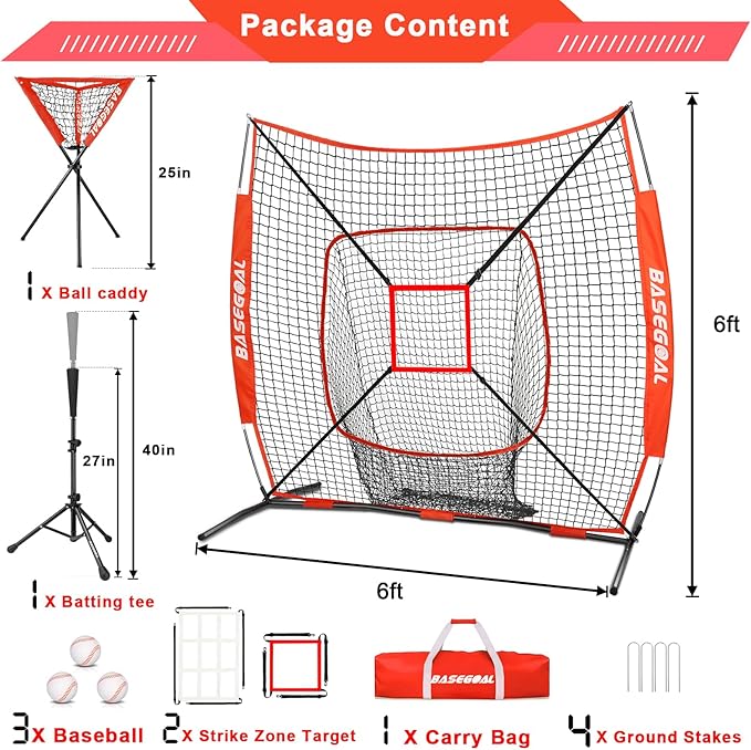 BaseGoal 6'×6' Baseball Softball Practice Net,Baseball Backstop,with Batting Tee,Ball Caddy,for Hitting Pitching Batting Catching with Bow Frame,Bonus Strike Zone,Target,Portable and Foldable