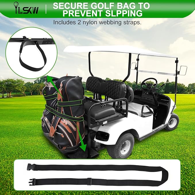 Golf Cart Bag Holder Bracket for 2+2 Seater Golf Cart Rear Seat with 1 inch Sqaure Strut, No Drilling Golf Cart Rear Bag Holder Fits EZGO, Club Car, Yamaha Golf Carts