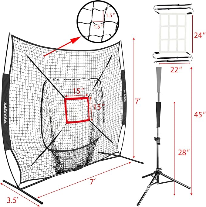 BaseGoal 7'×7' Baseball Softball Practice Net,Baseball Backstop,with Batting Tee,for Hitting Pitching Batting Catching with Bow Frame,Bonus Strike Zone