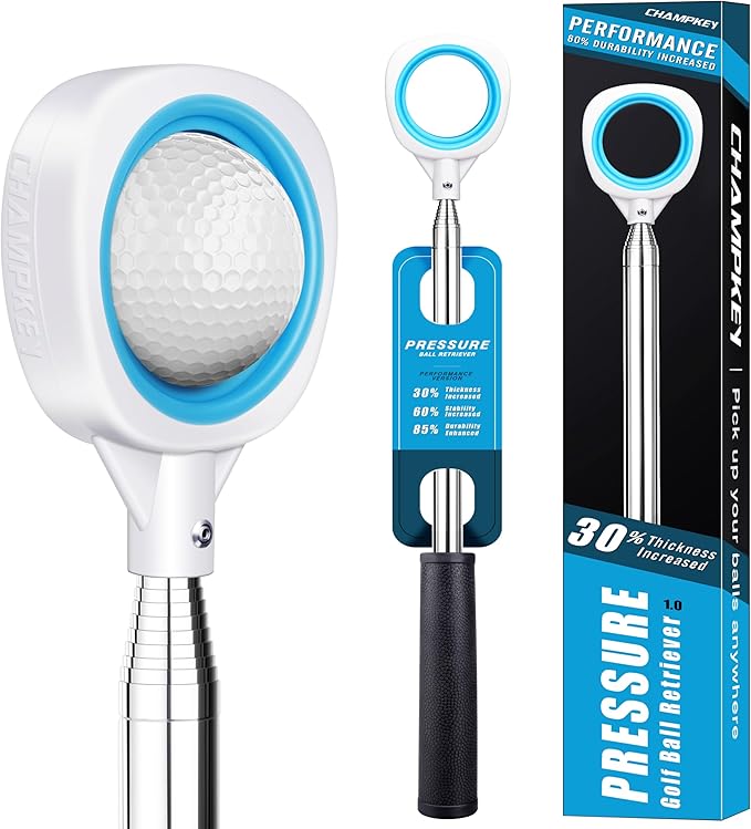 CHAMPKEY Pressure Golf Ball Retriever Performance Version - Thicken Stainless Steel Shaft with Rubber Grip Golf Retriever - Available in 9Ft / 12Ft / 14.5Ft / 16.3Ft