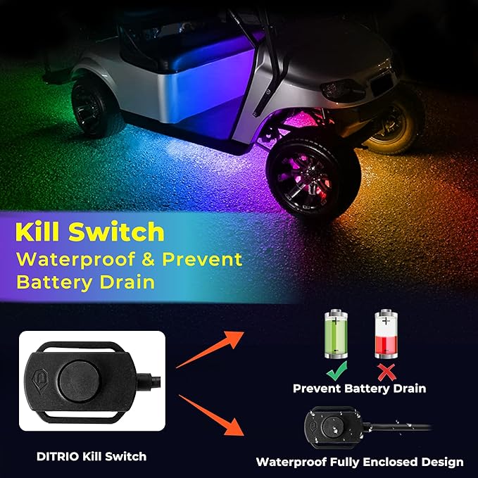 14PCS 12V-72V Golf Cart Lights, RGB Led Underglow Light Kit with 2 Remotes and App Control, Voltage Reducer, Waterproof, Sound Active, Battery Drain Protect Kill Switch Golf Cart Led Lights