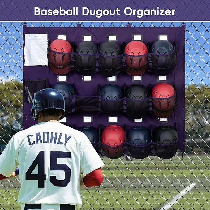 KAVIGOR Baseball/Softball Dugout Organizer - 15+ Helmet & Glove Storage Bag, Military-Grade 900D Fabric & 6 Reinforced Steel Hooks