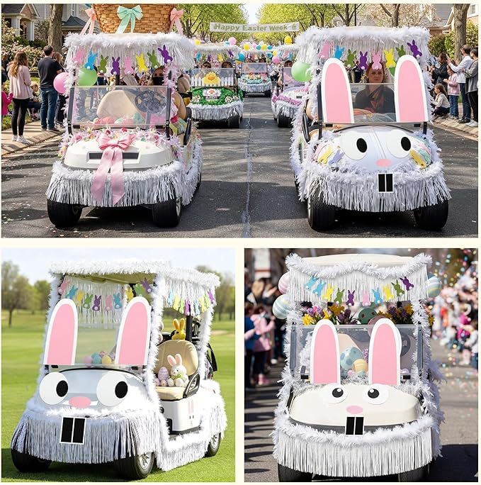 Moucuny 12 Pcs Easter Bunny Golf Cart Decoration Kit 1 Set Giant Felt Rabbit Model 3 Silver Thread Felt Strip 2 Curved Rain Curtain 2 White Felts Strip 2 Easter Bunny Banners for Golf Cart Accessories