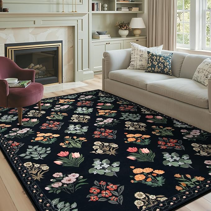 Wonnitar Floral Print Rug for Living Room, Ultra-Thin Non Slip Stain Resistant by Wonnitar