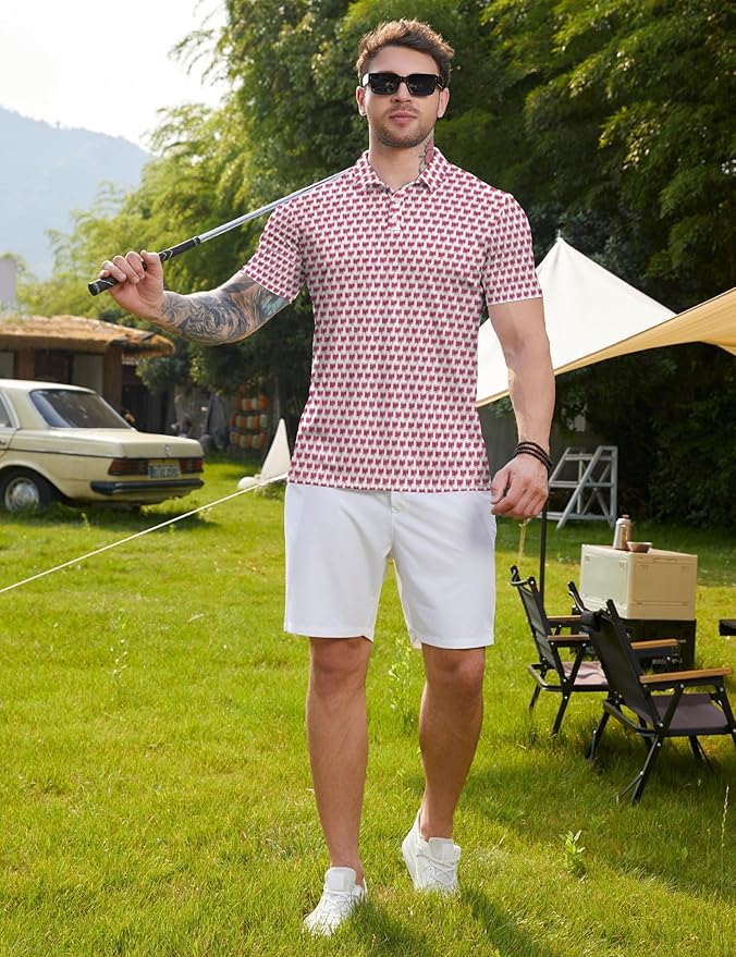 HUURAY Funny Golf Polos for Men Funny Print Short Sleeve Shirts Quick Dry Polo Shirts Hawaiian Shirt Performance Golf Outfits