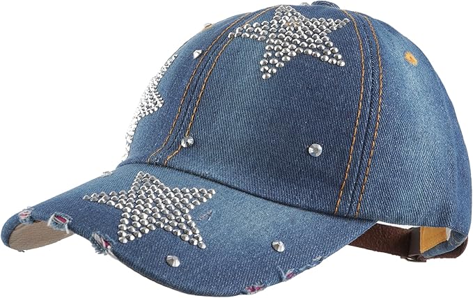 Hoce Fashion Rhinestone Denim Baseball Cap Studded Bling Hat for Women