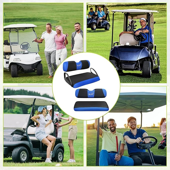 Golf Cart Seat Covers Front and Rear Seat Covers Fit for EZGO TXT RXV Club Car DS 2000-Up Front Seat Cover Aftermarket Back Seat Cushion Cover Black&Blue