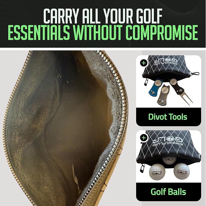 Premium Leather Golf/Travel Valuables Pouch Luxury Zippered Utility Bag with Diamond Stitching, 360 Swivel Clip, Soft Interior for Golf Accessories & Travel Essentials (Black)