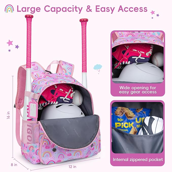 KAVIGOR Youth Tball Baseball Backpack, Lightweight Softball Bag with Shoes Compartment & Name Tag, Reinforced Zippers & Seams
