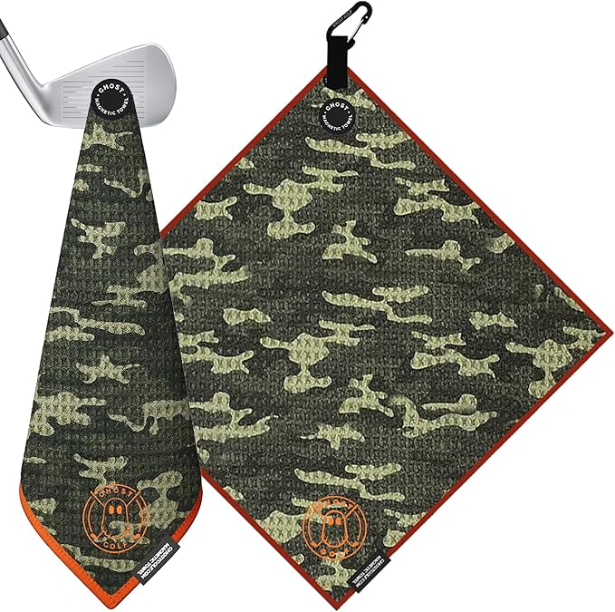 Ghost Golf Magnetic Towel (Greenside) - Premium Ultra-Absorbent Microfiber Golf Towel with Magnet for Golf Carts or Clubs - 18" x 18" Golfing Gear - Waffle Weave Pattern (Forest Camo)