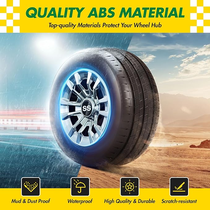 (4-Pack) Premium 8" Golf Cart Hub Caps, Hubcaps & Wheel Rim Covers, 6-Spoke Design for Club Car, EZGO, Yamaha (Excludes RXV Models) - 8 Inch Set, Abs,Steel, Acrylonitrile Butadiene Styrene