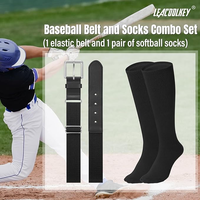 LEACOOLKEY Baseball Belt and Socks Combo Set Adjustable Softball Socks and Elastic Belt for Youth and Adult