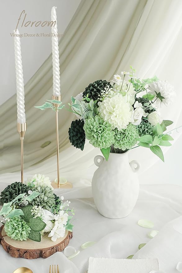 Floroom Artificial Dahlia Flowers 25pcs Real Looking Forest Green Shades Foam - Image 2
