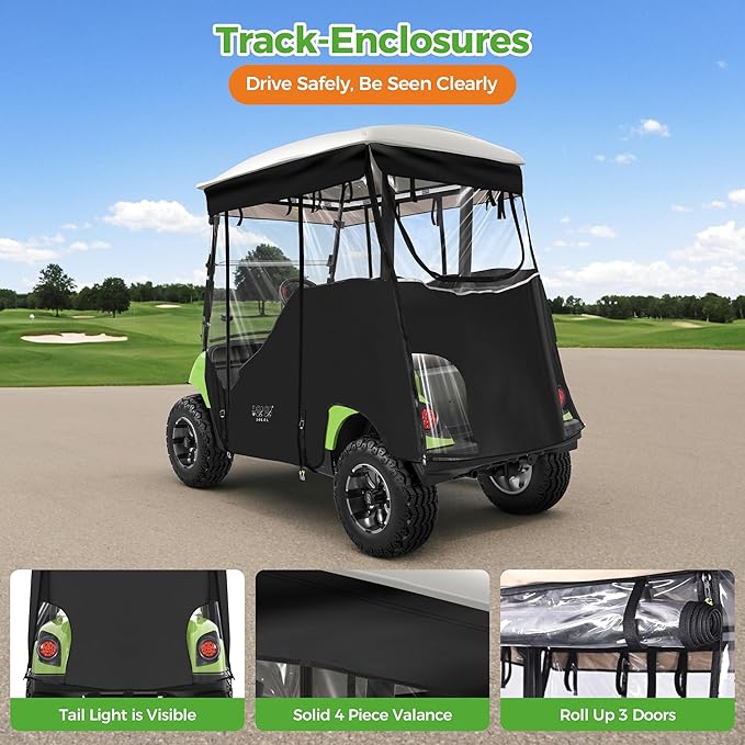 10L0L 2 Passenger Track-Style Enclosure Cover for Yamaha G29 Drive/Drive 2, Waterproof 600D Polyester Rain Shelter with Pre-Drilled Awning Track, 3-Piece Zip-Off Design, Roll-Up All Sides,Valance