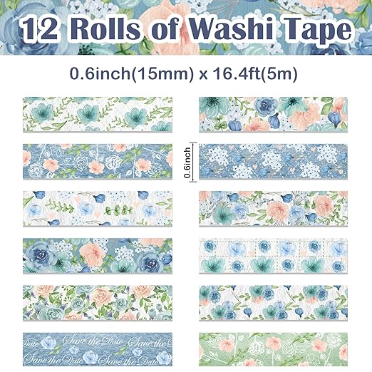 12 Rolls Floral Washi Tape, Vintage Blue Pink Floral Decorative Tapes - Image 2
