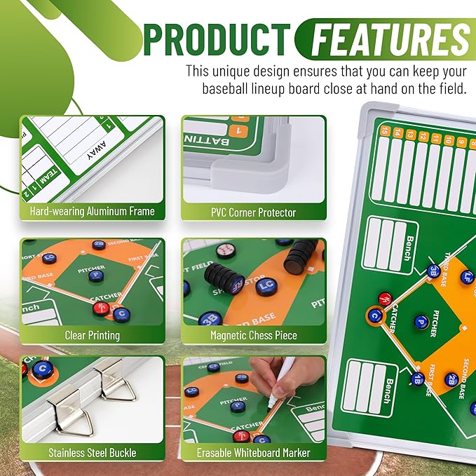 ZPU Magnetic Baseball Lineup Board for Dugout, Baseball/Softball Clipboard for Coaches, Baseball Coaching Board with Dry Erase, Marker pens, Magnets & Storage Bag
