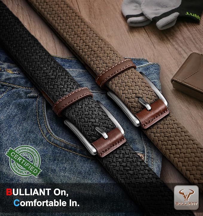 BULLIANT Belt for Men 2Pack,Mens Gift Stretch Braided Web Belt Elastic for Casual Golf Jeans,1 3/8"