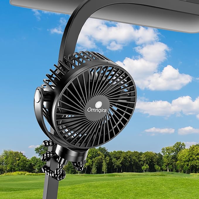 Golf Cart Fan Rechargeable, 12000mAh Battery Operated Portable Fan with 3 Speeds & Timer 360°Rotatable, Golf Palyer Essential Compatible with EZGO Club Car Yamaha Golf Accessories Gifts for Men Women