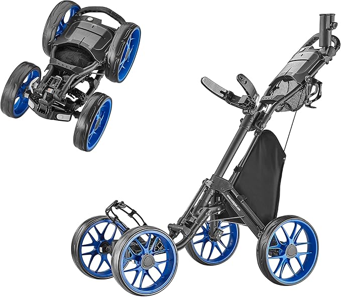 CaddyTek 4 Wheel Golf Push Cart - Caddycruiser One Version 8 1-Click Folding Trolley - Lightweight, Compact Pull Caddy Cart, Easy to Open
