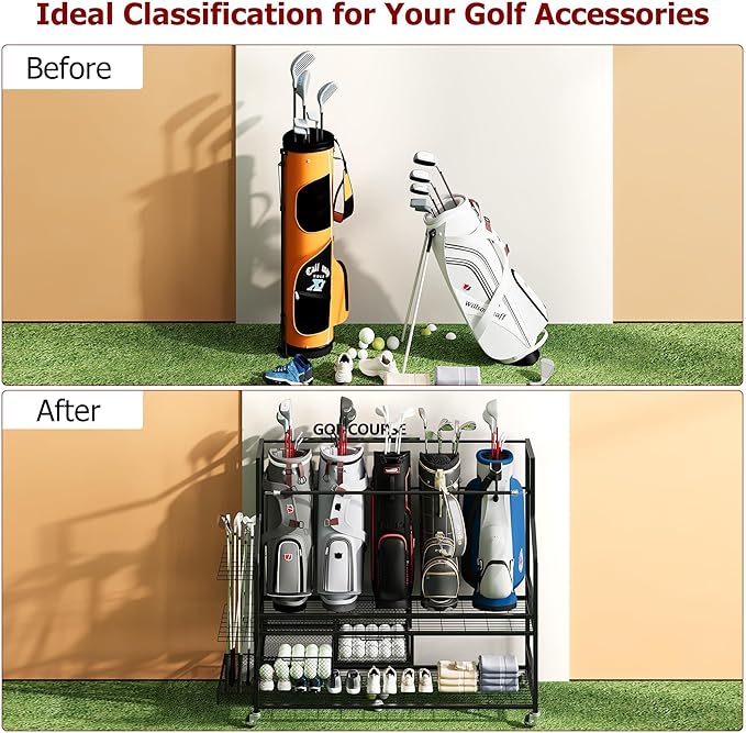 Golf Bag Storage Garage Organizer,Mobile 5-Bag Stand Fit for Golf Bag and Equipment Accessories,Golf Bag Storage Rack with Wheels for Garage