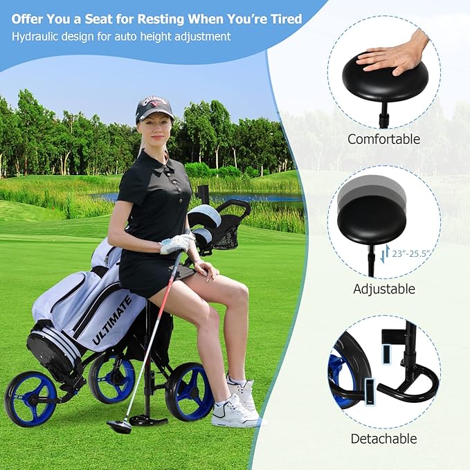 Tangkula Foldable Golf Push Cart, Navy Blue, Sturdy Steel Frame, Adjustable Handle, Ball Bearing Wheels, Foot Brake, Waterproof Storage Bag